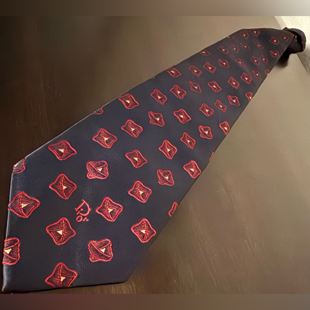 Christian Dior Monsieur Silk Tie | Navy Blue Red Geometric Pattern Designer - Picture 2 of 3